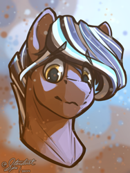 Size: 3000x4000 | Tagged: safe, artist:stardustspix, oc, oc only, oc:caramel, earth pony, pony, abstract background, bust, colored eyebrows, colored eyelashes, eyebrows, eyebrows visible through hair, high res, looking at you, male, multicolored hair, portrait, solo, stallion, sternocleidomastoid