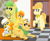 Size: 3823x3117 | Tagged: safe, artist:faitheverlasting, aunt orange, grand pear, mosely orange, peachy pie, sunny daze, uncle orange, earth pony, pony, g4, basket, doorway, family, father and child, father and daughter, female, filly, floppy ears, flower, flower in hair, flower in tail, foal, grandfather and grandchild, grandfather and granddaughter, happy, headcanon, high res, jewelry, looking at someone, looking back, lying down, male, mare, mouth hold, neckerchief, necklace, offspring, one eye closed, parent:aunt orange, parent:uncle orange, parents:the oranges, prone, raised hoof, reunion, sequel, siblings, sisters, smiling, stallion, story included, surprised, tail, tongue out, twin sisters, twins, wide eyes