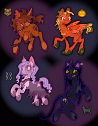 Size: 1591x2048 | Tagged: safe, artist:_night_milk, oc, oc only, bear, earth pony, pegasus, pony, unicorn, g4, adoptable, black cat, chains, group, horn, ponified, pumpkin, quartet