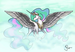 Size: 1000x700 | Tagged: safe, artist:reamina, princess celestia, pony, g4, eyes closed, female, large wings, mare, solo, spread wings, turned head, wings