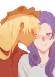 Size: 3334x4667 | Tagged: safe, artist:n1308, applejack, rarity, human, g4, applejack's hat, cheek kiss, clothes, cowboy hat, cute, duo, duo female, eyes closed, female, freckles, hat, humanized, jackabetes, kissing, lesbian, one eye closed, raribetes, ship:rarijack, shipping, shirt, simple background, white background, wink