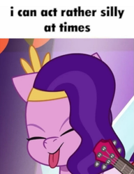 Size: 521x679 | Tagged: safe, edit, edited screencap, editor:pink amena, screencap, pipp petals, pegasus, pony, g5, jazz hearts rocky, my little pony: tell your tale, adorapipp, banjo, caption, cute, eyes closed, image macro, meme, mlem, musical instrument, pipp petals is best facemaker, ponified meme, silly, silly pony, smiling, solo focus, text, tongue out