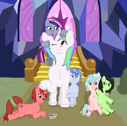 Size: 1329x1325 | Tagged: safe, artist:minecake, cozy glow, oc, oc:cake sparkle, oc:filly anon, oc:gleaming shield, oc:rose thorn, oc:sunshine, earth pony, pegasus, pony, unicorn, adopted offspring, adoption, book, chest fluff, cloven hooves, colt, ear fluff, family, female, filly, fluffy, foal, head pat, horn, looking up, lying down, magical lesbian spawn, male, offspring, one eye closed, parent:oc:cake sparkle, parent:twilight sparkle, parents:canon x oc, pat, pony hat, prone, reading, side hug, tongue out, twilight's castle