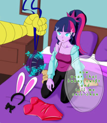 Size: 1280x1483 | Tagged: safe, artist:smoker, discord, sci-twi, twilight sparkle, human, equestria girls, g4, anime, bed, bunny suit, clothes, hypnosis, hypnotized, magic capture device, pajamas