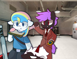 Size: 2600x2000 | Tagged: safe, artist:arche, oc, oc only, oc:arche medley, oc:astaroph, oc:gabrizzy, earth pony, pegasus, unicorn, semi-anthro, clothes, demoman (tf2), earth pony oc, food, horn, knife, necktie, pegasus oc, sandvich, sandwich, scout (tf2), spy (tf2), suit, team fortress 2, unicorn oc