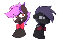 Size: 3000x2000 | Tagged: safe, artist:arche, oc, oc only, oc:arche medley, demon, demon pony, alter ego, bowtie, frown, grin, happy, sad, simple background, smiling, white background
