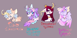 Size: 1278x625 | Tagged: safe, artist:kinda-lost, princess flurry heart, princess skyla, oc, oc:cupid lovestruck, oc:pomegranet wine, alicorn, pegasus, pony, unicorn, g4, alternate name, annoyed, blaze (coat marking), blue eyes, bust, cheek fluff, chest fluff, choker, coat markings, colored horn, colored pinnae, colored wings, countershading, crown, curved horn, cyan eyes, ear fluff, ear piercing, ear tufts, earring, ears back, facial markings, female, feminine stallion, freckles, gradient wings, gray background, group, hair over one eye, horn, jewelry, lidded eyes, looking at you, male, mare, name, necklace, offspring, older, older flurry heart, open mouth, open smile, parent:princess cadance, parent:shining armor, parents:shiningcadance, partially open wings, pegasus princess skyla, piercing, ponytail, prince blizzard heart, quartet, race swap, red eyes, regalia, rule 63, siblings, simple background, smiling, stallion, striped horn, tiara, wings, yellow eyes