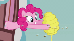 Size: 749x421 | Tagged: safe, screencap, pinkie pie, bee, earth pony, insect, pony, apple family reunion, g4, season 3, ^^, animated, beehive, burp, burping up items, chugging, drink, drinking, eating, eyes closed, female, food, gif, honey, hoof hold, leaning, licking, licking lips, mare, outdoors, pinkie being pinkie, smiling, solo, tongue out, window