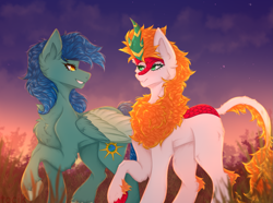 Size: 2593x1934 | Tagged: safe, artist:tocik, oc, oc only, oc:distant skies, oc:everblazing star, kirin, pegasus, colored wings, commission, female, kirin oc, looking at each other, looking at someone, night, night sky, oc x oc, pegasus oc, shipping, sky, two toned wings, unshorn fetlocks, wings, ych result