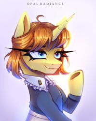 Size: 2390x3000 | Tagged: safe, artist:opal_radiance, oc, oc only, unnamed oc, pony, unicorn, clothes, dress, eyebrows, female, gradient background, high res, horn, mare, raised hoof, signature, smiling, solo, unicorn oc