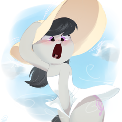Size: 1280x1280 | Tagged: safe, artist:dulldi, octavia melody, earth pony, pony, semi-anthro, g4, blush lines, blushing, clothes, cloud, cute, dress, emanata, female, hat, hoof on head, mare, marilyn monroe, open mouth, signature, simple background, sky, solo, standing, summer dress, sun hat, sundress, surprised, tavibetes, the seven year itch, white background, white dress, wind, windswept mane