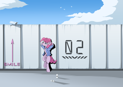 Size: 1700x1200 | Tagged: safe, artist:hovawant, pinkie pie, earth pony, pony, semi-anthro, g4, bipedal, chest fluff, clothes, dystopia, female, future, leaning, mare, solo, spray
