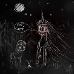 Size: 1024x1024 | Tagged: safe, anonymous artist, princess celestia, earth pony, pony, g4, disturbing, duo, monochrome, sketch, stars, teeth