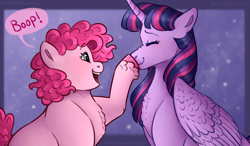 Size: 1760x1030 | Tagged: safe, artist:violetpony11, pinkie pie, twilight sparkle, alicorn, earth pony, pony, g4, boop, chest fluff, cute, diapinkes, female, lesbian, mare, open mouth, open smile, ship:twinkie, shipping, smiling, twiabetes, twilight sparkle (alicorn)