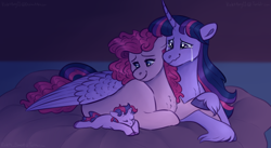 Size: 1696x930 | Tagged: safe, artist:violetpony11, pinkie pie, twilight sparkle, oc, oc:pudding pop, alicorn, earth pony, pony, g4, baby, baby pony, crying, cute, diapinkes, family, female, filly, foal, holding hooves, lesbian, lying down, magical lesbian spawn, mare, ocbetes, offspring, parent:pinkie pie, parent:twilight sparkle, parents:twinkie, ship:twinkie, shipping, sleeping, tears of joy, trio, twiabetes, twilight sparkle (alicorn)