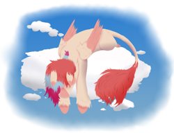 Size: 1300x1000 | Tagged: safe, artist:squeezymouse, derpibooru exclusive, oc, oc only, oc:cardia, pegasus, ambiguous gender, blank flank, cloud, gradient mane, leonine tail, lineless, simple background, sky background, solo, tail, tired, transparent background, unshorn fetlocks, vent art