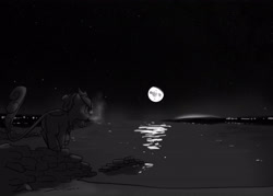 Size: 3500x2500 | Tagged: safe, artist:captainhoers, oc, oc only, kirin, black and white, female, glasses, grayscale, high res, kirin oc, monochrome, moon, night, reflection, shore, solo, water