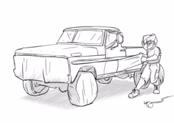 Size: 3500x2500 | Tagged: safe, artist:captainhoers, oc, oc only, pegasus, anthro, plantigrade anthro, clothes, face mask, grayscale, high res, mask, monochrome, paint gun, pickup truck, shorts, simple background, solo, truck, white background