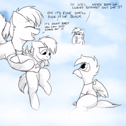 Size: 3000x3000 | Tagged: safe, artist:captainhoers, rainbow dash, spitfire, oc, oc:concorde, oc:gren, hippogriff, pegasus, pony, g4, clothes, female, foal, grayscale, high res, holding a pony, hoodie, interspecies offspring, magical lesbian spawn, mare, monochrome, mother and child, offspring, older spitfire, open mouth, open smile, parent:gilda, parent:rainbow dash, parent:soarin', parent:spitfire, parents:gildash, parents:soarinfire, smiling, wavy mouth