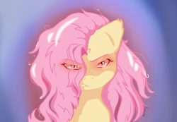 Size: 1760x1217 | Tagged: safe, artist:flutterbug18, fluttershy, bat pony, pony, g4, angry, bat ponified, bust, eye clipping through hair, flutterbat, glare, glowing, glowing eyes, gritted teeth, looking at you, race swap, teeth