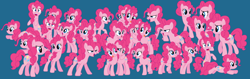 Size: 9608x3048 | Tagged: safe, artist:pinkienaturepie, pinkie pie, earth pony, pony, g4, too many pinkie pies, blue background, female, multeity, simple background, solo, too much pink energy is dangerous