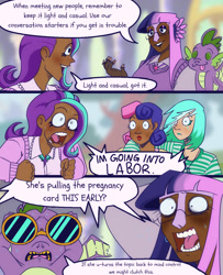 Size: 1080x1328 | Tagged: safe, artist:double--hh, bon bon, lyra heartstrings, spike, starlight glimmer, sweetie drops, twilight sparkle, dragon, human, anthro, g4, :p, absolutenutcase162, clothes, comic, dark skin, dialogue, female, group, humanized, light skin, male, meme, open mouth, ponified meme, screaming, smiling, sweat, sweater, text, tongue out