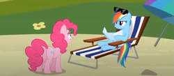 Size: 611x267 | Tagged: safe, screencap, pinkie pie, rainbow dash, earth pony, pegasus, pony, g4, too many pinkie pies, beach chair, butt, chair, duo, female, mare, plot, sunglasses, sunglasses on head
