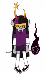 Size: 1155x1925 | Tagged: safe, artist:ohmeiios, twilight sparkle, g4, clothes, frown, glasses, homestuck, horns, kneesocks, race swap, simple background, skirt, socks, solo, sweater, troll, wand, white background