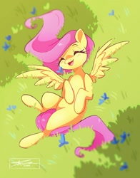 Size: 1100x1400 | Tagged: safe, artist:mindlessnik, fluttershy, pegasus, pony, g4, cute, eyes closed, female, flower, grass, mare, missing cutie mark, open mouth, open smile, overhead view, shyabetes, smiling, solo, spread wings, wings