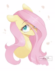 Size: 1593x2048 | Tagged: safe, artist:mindlessnik, fluttershy, pegasus, pony, g4, bust, female, floppy ears, flower petals, freckles, freckleshy, hair over one eye, looking at you, mare, simple background, solo, white background