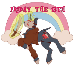 Size: 2048x1792 | Tagged: safe, artist:mimicben, pony, unicorn, bald, blushing, clothes, colored hooves, floating heart, friday the 13th, glowing, glowing horn, gray coat, heart, heart eyes, hockey mask, horn, jacket, jason voorhees, leonine tail, looking at you, machete, magic, male, mask, ponified, prancing, profile, rainbow, raised hoof, red text, simple background, solo, tail, telekinesis, text, transparent background, unicorn horn, unshorn fetlocks, wingding eyes