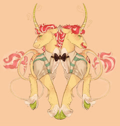 Size: 2048x2145 | Tagged: safe, artist:mimicben, flam, flim, pony, unicorn, g4, body freckles, bowtie, brothers, button-up shirt, clothes, cloven hooves, coat markings, colored eartips, colored hooves, curly mane, curly tail, curved horn, dress shirt, duo, duo male, ear freckles, eyelashes, facial hair, facial markings, freckles, green eyes, horn, leg fluff, leonine tail, long horn, long tail, magic, male, moustache, orange background, profile, shiny hooves, shirt, short mane, siblings, simple background, smiling, snip (coat marking), socks (coat markings), stallion, tail, tail freckles, two toned mane, two toned tail, unicorn horn, unshorn fetlocks, yellow coat