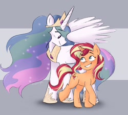 Size: 2048x1842 | Tagged: safe, artist:sunsetslight, princess celestia, sunset shimmer, alicorn, pony, unicorn, g4, crown, duo, duo female, female, freckles, hoof shoes, horn, jewelry, looking at each other, looking at someone, mare, peppered bacon, peytral, princess shoes, regalia, smiling, smiling at each other, style emulation