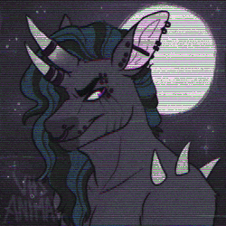 Size: 640x640 | Tagged: safe, artist:girlboyburger, oc, oc only, oc:stigmata, bicorn, unicorn, anthro, agender, animated, arm fluff, bust, colored eyebrows, colored horn, colored horns, colored muzzle, colored pinnae, commission, curly mane, ear piercing, earring, eyebrow piercing, full moon, gif, gray coat, horn, horn ring, industrial piercing, jewelry, lip piercing, long mane, looking back, moon, multiple horns, narrowed eyes, nose piercing, nose ring, piercing, portrait, purple eyes, ring, septum piercing, shoulder fluff, sky background, smiling, solo, spikes, stars, two toned mane, unicorn oc, vhs, watermark, wingding eyes