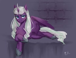 Size: 2331x1759 | Tagged: artist needed, source needed, safe, opaline arcana, alicorn, pony, g5, aside glance, cheek fluff, chest fluff, curved horn, eyeshadow, female, high res, hoof shoes, horn, inviting, looking at you, lying down, makeup, mare, partially open wings, signature, smiling, smiling at you, solo, wings