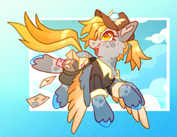 Size: 1425x1105 | Tagged: safe, artist:girlboyburger, derpy hooves, pegasus, pony, g4, alternate design, alternate hairstyle, bag, blonde mane, blonde tail, button-up shirt, cap, chest fluff, clothes, coat markings, colored hooves, colored pinnae, colored wings, colored wingtips, cute, derp, derpabetes, dress shirt, female, flying, freckles, gradient background, gray coat, hat, heart ears, long mane, long tail, looking back, looking up, mail, mailmare, mare, open mouth, open smile, package, passepartout, ponytail, saddle bag, shiny mane, shiny tail, shirt, smiling, socks (coat markings), solo, spread wings, tail, teeth, tied mane, tongue out, two toned wings, unshorn fetlocks, wingding eyes, wings, wings down, yellow eyes