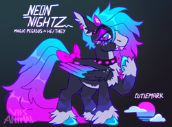 Size: 1477x1092 | Tagged: safe, artist:girlboyburger, oc, oc only, oc:neon nightz, pegasus, pony, blaze (coat marking), bow, chest fluff, coat markings, colored belly, colored eyebrows, colored fetlocks, colored hooves, colored muzzle, colored pinnae, ear fluff, ear piercing, earring, eyebrow piercing, facial markings, fangs, freckles, gradient background, gradient mane, gradient tail, horns, jewelry, leg fluff, lidded eyes, lip piercing, long mane, long tail, looking back, mealy mouth (coat marking), messy mane, messy tail, multicolored eyes, multicolored mane, multicolored tail, pale belly, pegasus oc, piercing, profile, pronouns, raised hoof, red pupils, shiny hooves, shiny mane, shiny tail, slit pupils, smiling, snake bites, socks (coat markings), solo, tail, tail bow, text, unshorn fetlocks, wingding eyes