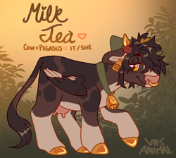 Size: 1346x1206 | Tagged: safe, artist:girlboyburger, oc, oc only, oc:milk tea (girlboyburger), cow, hybrid, pegasus, abstract background, bell, blaze (coat marking), bovine, bow, brown coat, brown mane, brown tail, coat markings, colored belly, colored eyebrows, colored hooves, colored horns, colored muzzle, colored pinnae, colored wings, colored wingtips, cowbell, ear tag, eyelashes, facial markings, floppy ears, folded wings, freckles, golden eyes, gradient background, hair accessory, hair bow, hybrid oc, leonine tail, lidded eyes, long tail, looking back, nose piercing, pale belly, pegacow, piercing, ponysona, profile, pronouns, raised hoof, septum piercing, shiny hooves, shiny horns, shiny mane, shiny tail, short mane, signature, small wings, smiling, socks (coat markings), solo, splotches, tail, text, two toned wings, udder, watermark, wingding eyes, wings, yellow eyes