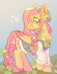 Size: 1499x1945 | Tagged: safe, artist:girlboyburger, fluttershy, pegasus, pony, g4, alternate design, blush scribble, blushing, bonnet, bow, braid, braided ponytail, braided tail, chest fluff, clothes, colored eartips, colored pinnae, colored wings, colored wingtips, cottagecore, countershading, cute, dress, ear fluff, eyelashes, female, flower, flower in hair, flower in tail, folded wings, gradient background, grass, hair bow, lidded eyes, long mane, long tail, looking back, mare, ponytail, profile, raised hoof, shyabetes, signature, smiling, solo, standing, tail, tail bow, teal eyes, two toned wings, watermark, wingding eyes, wings