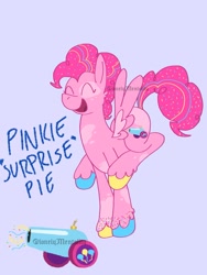 Size: 1125x1500 | Tagged: safe, artist:lonelymentality, pinkie pie, pegasus, pony, g4, ^^, alternate cutie mark, blue background, eyes closed, open mouth, open smile, party cannon, pegasus pinkie pie, race swap, simple background, smiling, solo, unshorn fetlocks