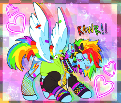 Size: 1200x1028 | Tagged: safe, artist:girlboyburger, rainbow dash, pegasus, pony, g4, ><, alternate design, alternate hairstyle, animated, bandaid, blush scribble, blushing, bow, bracelet, bridge piercing, choker, clothes, colored eyebrows, colored wings, colored wingtips, coontails, dyed mane, ear piercing, earring, eyes closed, fishnet clothing, floating heart, gif, hair bow, heart, hoodie, jewelry, kandi, lip piercing, long mane, long tail, mismatched socks, multicolored hair, multicolored mane, multicolored tail, multicolored wings, necktie, open mouth, open smile, passepartout, patterned background, piercing, pride, pride flag, profile, rainbow hair, rainbow tail, rainbow text, rawr, scene, scene hair, scenecore, signature, smiling, snake bites, socks, solo, spiked choker, spread wings, tail, teeth, tongue piercing, trans rainbow dash, transgender, transgender pride flag, watermark, wings