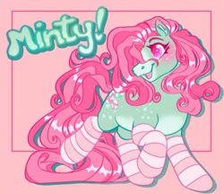 Size: 1595x1381 | Tagged: safe, artist:girlboyburger, minty, pony, g3, alternate design, blaze (coat marking), blushing, border, clothes, coat markings, colored belly, colored ear fluff, colored eyebrows, colored muzzle, colored pinnae, colored pupils, curly mane, curly tail, ear fluff, eyelashes, facial markings, female, freckles, green coat, green text, hair over one eye, heart, heart eyes, leg freckles, long mane, long socks, long tail, mare, open mouth, open smile, pale belly, pink background, pink eyes, pink mane, pink tail, shadow, simple background, smiling, socks, solo, sparkly eyes, striped socks, tail, text, turned head, wingding eyes