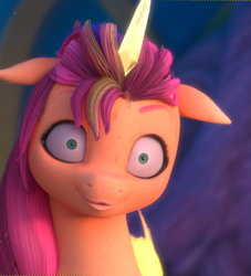 Size: 716x790 | Tagged: safe, artist:fynamic, sunny starscout, alicorn, earth pony, pony, g5, 3d, blender, blender cycles, bust, episode needed, faic, floppy ears, looking at you, mane stripe sunny, race swap, solo, sunnycorn