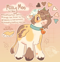 Size: 725x758 | Tagged: safe, artist:girlboyburger, oc, oc only, oc:milly moo, cow, pegasus, pony, blushing, bonnet, bovine, brown eyes, brown mane, brown tail, brown text, chest fluff, color palette, colored hooves, colored pinnae, colored wings, colored wingtips, ear fluff, floppy ears, gradient background, hair over one eye, hybrid oc, leaves in mane, leonine tail, lidded eyes, looking back, multicolored wings, outline, partially open wings, patterned background, pegacow, pegasus oc, ponysona, reference sheet, signature, small wings, smiling, solo, tail, text, unshorn fetlocks, watermark, wingding eyes, wings