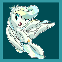 Size: 2000x2000 | Tagged: safe, artist:notadeliciouspotato, vapor trail, pegasus, pony, g4, abstract background, cute, female, high res, looking at you, mare, open mouth, open smile, signature, smiling, solo, spread wings, vaporbetes, wings