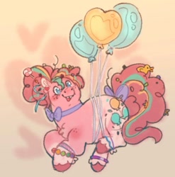 Size: 1281x1299 | Tagged: safe, artist:girlboyburger, pinkie pie, earth pony, pony, g4, alternate design, alternate hair color, alternate hairstyle, alternate tail color, balloon, blue eyes, blushing, bow, bracelet, chest fluff, coat markings, colored hooves, colored pinnae, curly mane, curly tail, ear fluff, ear piercing, earring, fat, female, fetlock tuft, floating, freckles, gradient background, hair accessory, heart, heart background, jewelry, looking at you, mare, messy mane, messy tail, multicolored mane, multicolored tail, open mouth, open smile, piercing, pink coat, pink mane, pink tail, ponytail, pudgy pie, small ears, smiling, smiling at you, socks (coat markings), solo, splotches, tail, tail accessory, tail bow, tied mane, tied tail, tooth gap, unshorn fetlocks