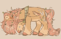 Size: 2048x1295 | Tagged: safe, artist:girlboyburger, fluttershy, pegasus, pony, g4, alternate design, alternate eye color, bandana, beige background, blush scribble, blushing, bowing, coat markings, colored belly, colored hooves, colored muzzle, colored pinnae, colored sketch, colored wings, colored wingtips, female, fetlock tuft, flower, flower in hair, flower in tail, flower on ear, folded wings, freckles, green eyes, leg fluff, long mane, long tail, mare, messy mane, messy tail, motion lines, multicolored wings, muscles, muscleshy, neckerchief, pale belly, pink mane, pink tail, profile, raised hoof, redesign, simple background, sketch, small ears, small wings, smiling, socks (coat markings), solo, stick in tail, tail, tallershy, twigs in hair, wings, yellow coat