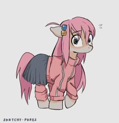Size: 668x692 | Tagged: safe, artist:sketchy-pones, earth pony, pony, ahoge, anime, beige coat, bocchi the rock!, clothes, countershading, emanata, eye clipping through hair, eyebrows, eyebrows visible through hair, female, gray background, hair accessory, hairclip, hitori gotoh, long mane, long tail, mare, nervous, no mouth, pink mane, pink tail, ponified, raised hoof, signature, simple background, skirt, solo, sweat, sweatdrop, tail, track jacket, unusual pupils
