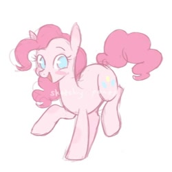 Size: 624x624 | Tagged: safe, artist:sketchy-pones, pinkie pie, earth pony, pony, g4, big eyes, blue eyes, blushing, colored sketch, curly mane, curly tail, ear blush, eyebrows, eyebrows visible through hair, eyelashes, female, long mane, long tail, mare, obtrusive watermark, open mouth, open smile, pink coat, pink mane, pink tail, prancing, signature, simple background, sketch, smiling, solo, tail, watermark, white background, wingding eyes