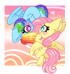 Size: 1280x1362 | Tagged: safe, artist:lbrcloud, fluttershy, rainbow dash, pegasus, pony, g4, abstract background, blush scribble, blushing, butt, chibi, cute, dashabetes, ear fluff, female, floppy ears, flutterbutt, heart, lesbian, looking at each other, looking at someone, mare, missing cutie mark, plot, ship:flutterdash, shipping, shyabetes, smiling, smiling at each other, upside down, wavy mouth